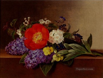 Lilas Violetas Pensamientos Esquejes de espino y peonías en una cornisa de mármol flor Johan Laurentz Jensen flor Pinturas al óleo